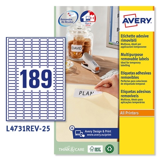 [D45213] Etichetta adesiva L4731REV bianca rimovibili 25fg A4 25,4x10mm (189et/fg) laser