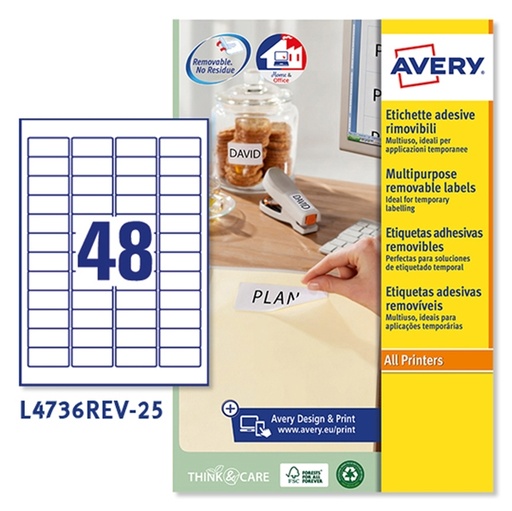 [D45215] Etichetta adesiva L4736REV bianca rimovibili 25fg A4 45,7x21,2mm (48et/fg) laser