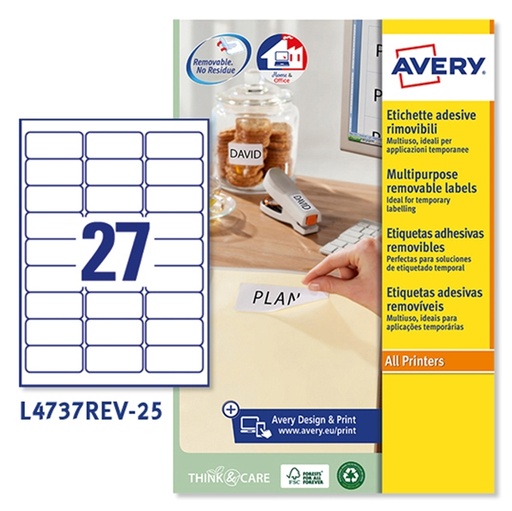 [D45216] Etichetta adesiva L4737REV bianca rimovibili 25fg A4 63,5x29,6mm (27et/f) laser
