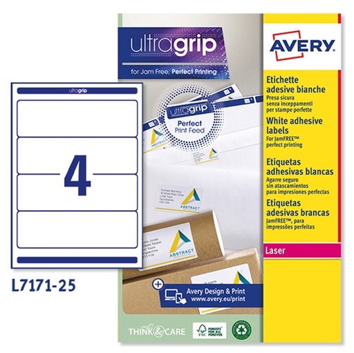 [D45217] Etichetta adesiva L7171 bianca coprenti 25fg A4 200x60mm (4et/fg) Avery