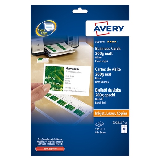 [D45223] 250 BIGLIETTI VISITA 85x54mm BIANCO LASER 200gr QuickClean™ AVERY