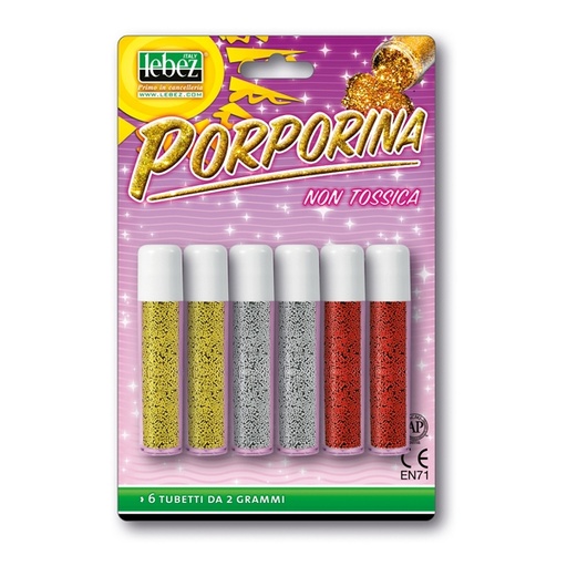 [D46580] BUSTA 6 TUBI PORPORINA GLITTER ASSORTITO 2GR LEBEZ