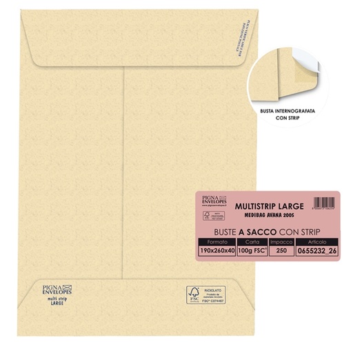 [D46963] 250 buste sacco MULTI STRIP LARGE avana carta ric. 190x260x40mm 100gr Pigna