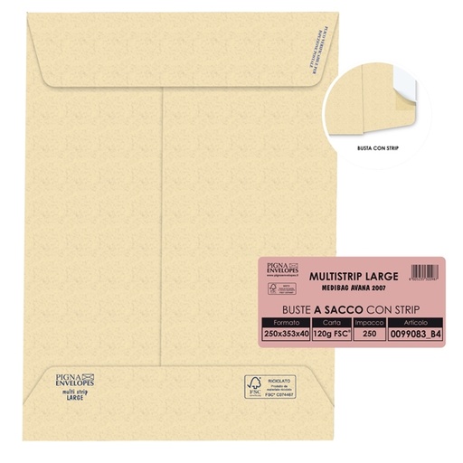[D46965] 250 buste sacco MULTI STRIP LARGE avana carta ric. 250x353x40mm 120gr Pigna