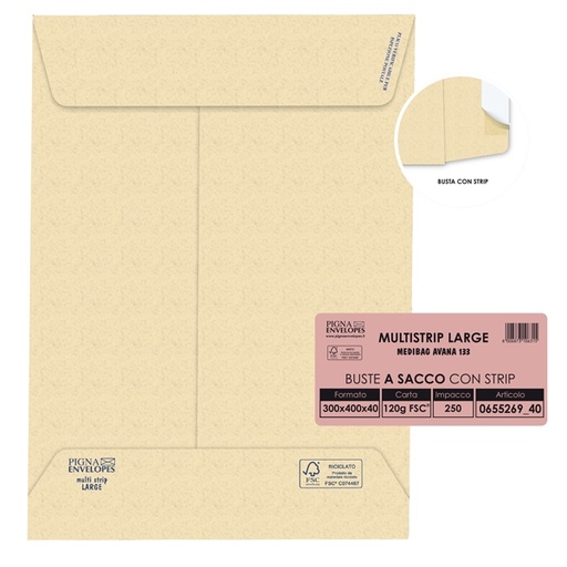 [D46966] 250 buste sacco MULTI STRIP LARGE avana carta ric. 300x400x40mm 120gr Pigna