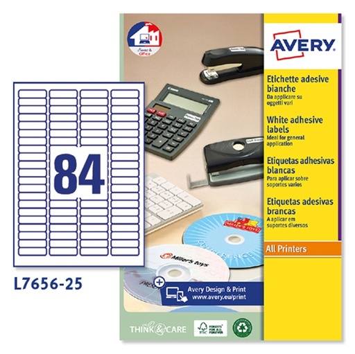 [D47036] Etichette adesive L7656 bianche 25fg A4 46x11,1mm (84et/fg) inkjet/laser Avery