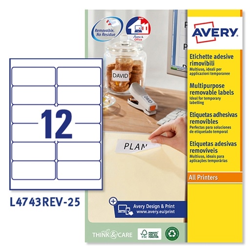 [D47160] Etichetta adesiva L4743REV bianca rimovibili 25fg A4 99,1x42,3mm (12et/fg) laser