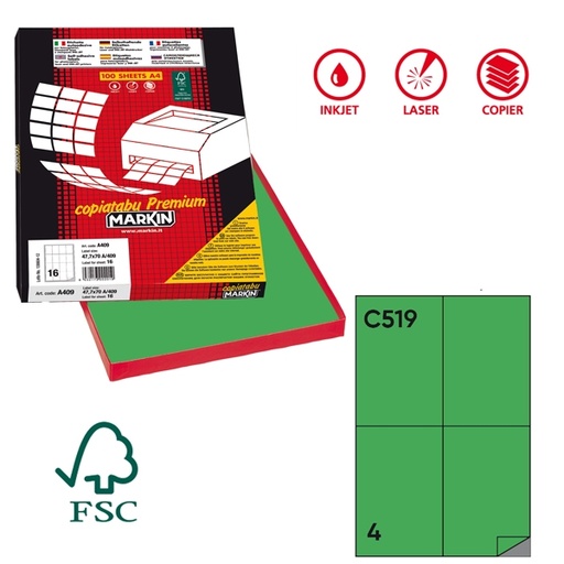 [D47195] Etichetta adesiva C/519 verde 100fg A4 105x148,5mm (4et/fg) Markin