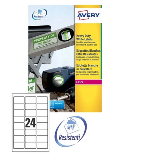 [D47691] Poliestere adesivo L4773 bianco 20fg A4 63,5x33,9mm (24et/fg) laser Avery
