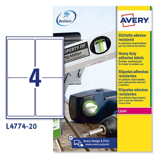 [D47692] Poliestere adesivo L4774 bianco 20fg A4 99,1x139mm (4et/fg) laser Avery