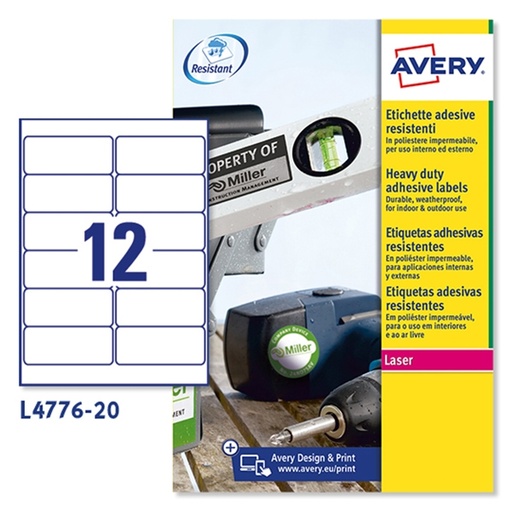 [D47694] Poliestere adesivo L4776 bianco 20fg A4 99,1x42,3mm (12et/fg) laser Avery