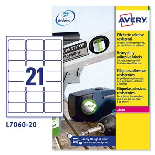[D47696] Poliestere adesivo L7060 bianco 20fg A4 63,5x38,1mm (21et/fg) laser Avery