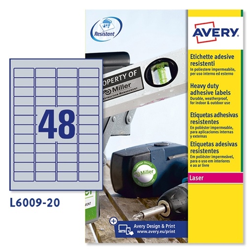 [D47698] Poliestere adesivo L6009 argento 20fg A4 45,7x21,2mm (48et/fg) laser Avery