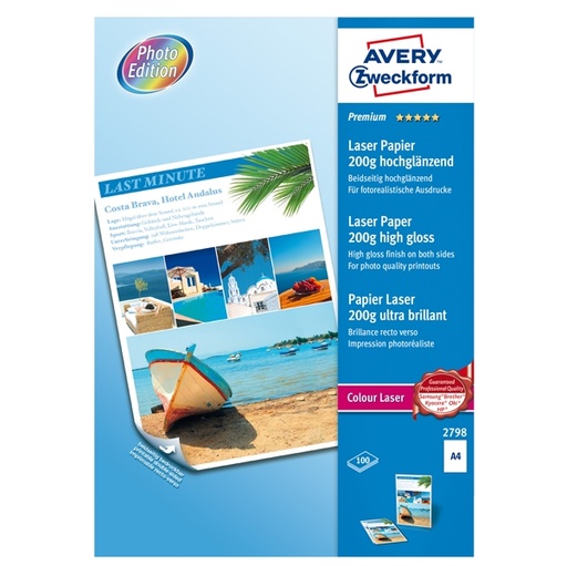 [D48460] CARTA LASER A4 100fg 200gr PHOTO PATINATO EX.LUCIDO FRONTE/RETRO AVERY