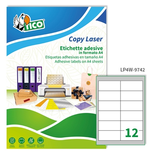[D48572] Etichetta adesiva LP4W bianca 100fg A4 97x42,3mm (12et/fg) Laser Tico