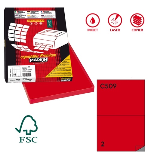 [D48653] Etichetta adesiva C/509 rosso 100fg A4 210x148mm (2et/fg) Markin
