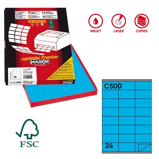 [D48903] Etichetta adesiva C/500 blu 100fg A4 70x36mm (24et/fg) Markin