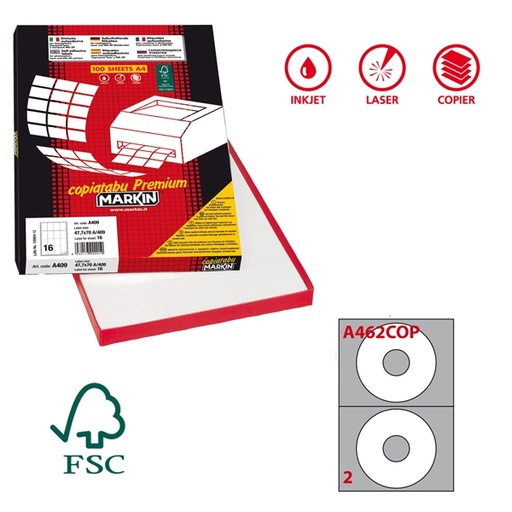 [D49688] Etichetta adesiva A/462 bianca 100fg x CD diam.117,5mm foro41 (2et/fg) coprente