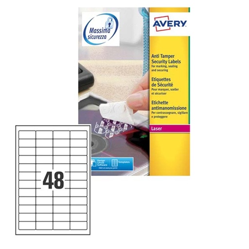 [D49699] Poliestere adesivo L6113 bianco antim. 20fg A4 45,7x21,2mm (48et/fg) laser Avery