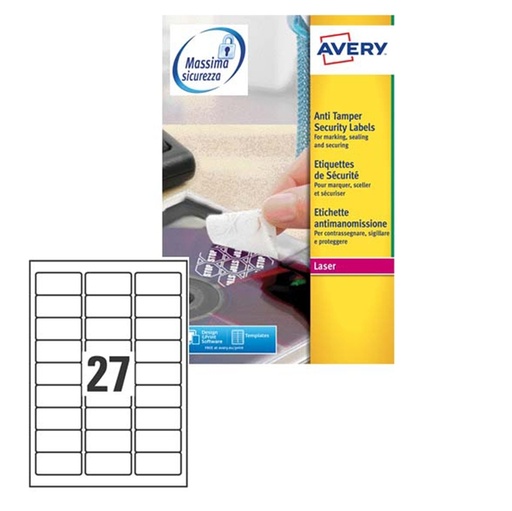 [D49700] Poliestere adesivo L6114 bianco antim. 20fg A4 63,5x29,6mm (27et/fg) laser Avery