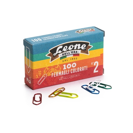 [D49762] SCATOLA 100 FERMAGLI COLORATI E METALLIZZATI N.2 MM26 LEONE COLOR