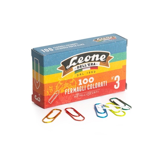 [D49763] SCATOLA 100 FERMAGLI COLORATI E METALLIZZATI N.3 MM28 LEONE COLOR