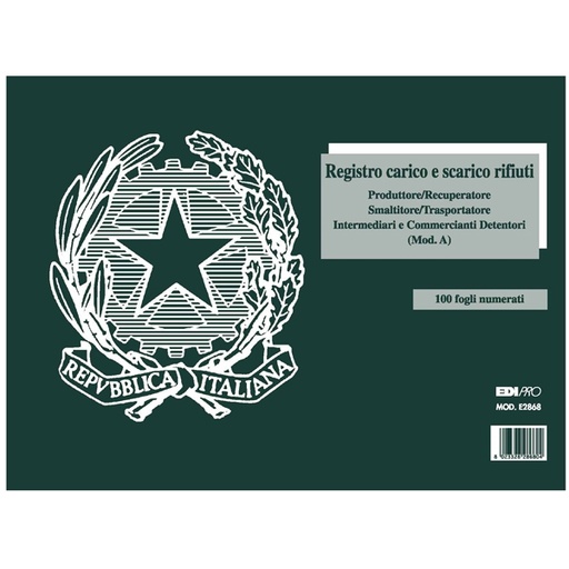 [D50250] REGISTRO CARICO/SCARICO RIFIUTI DETENTORI MOD.A 22,5X29,7 100PAG. E2868
