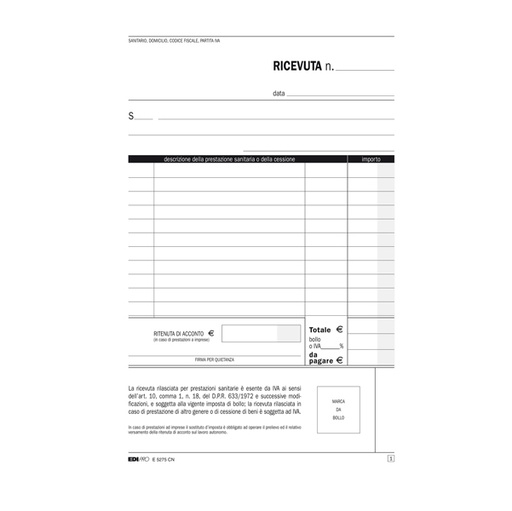 [D50267] BLOCCO RICEVUTE SANITARIE 50/50 FOGLI AUTORIC. 23X15 E5275CN
