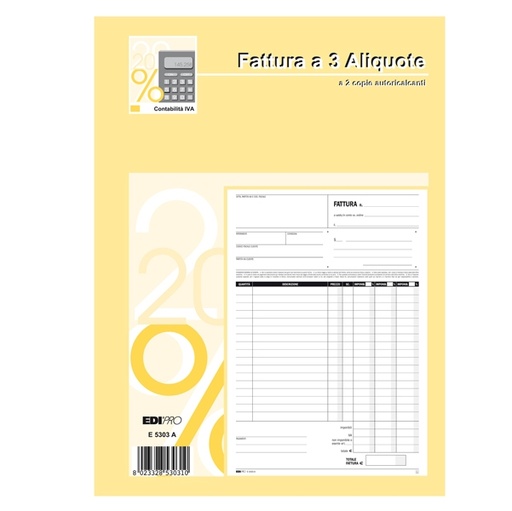 [D50270] BLOCCO FATTURE 3 ALIQUOTE IVA 2COPIE 50FOGLI AUTORIC. 29,7X21 E5303A