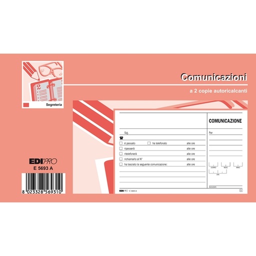 [D50286] BLOCCO COMUNICAZIONI TELEFONICHE 50/50 FOGLI AUTORIC. 9,9X17 E5693A