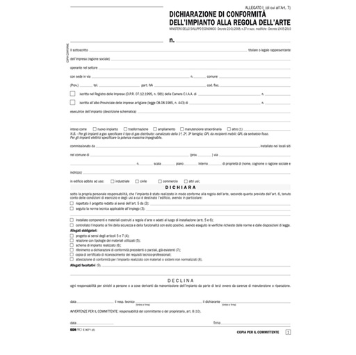 [D50287] 100FG 29,7X21 DICHIARAZIONE CONFORMITA' IMPIANTO SNAP A 5 COPIE AUTORIC E9071