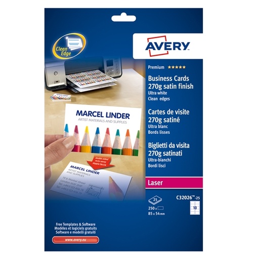 [D51033] 250 BIGLIETTI VISITA 85x54mm LASER 270gr fronte/retro QuickClean™ AVERY