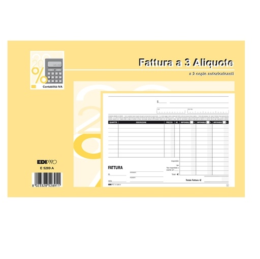 [D51922] BLOCCO FATTURE 3 ALIQUOTE IVA 2COPIE 50FOGLI AUTORIC. 15X23 E5289A