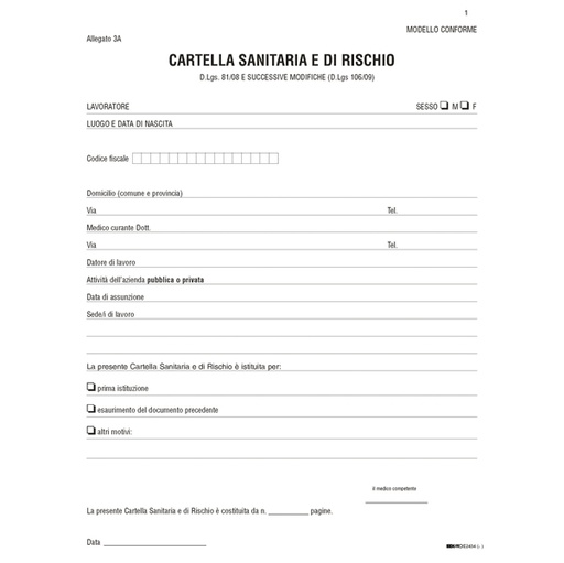 [D52069] CARTELLA SANITARIA DI RISCHIO per lavoratori esposti ad agenti cancerogeni E2434