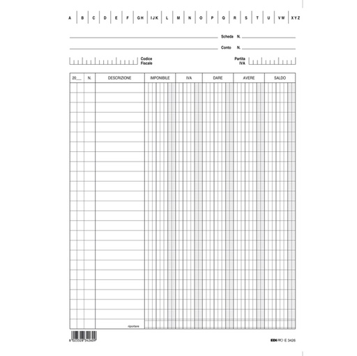 [D52867] 100 SCHEDE VERTICALI 24X17CM DARE/AVERE/SALDO/IVA E3426BL EDIPRO