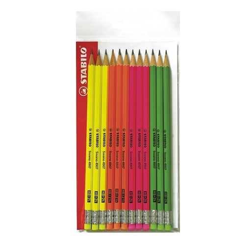 [D52887] Blister 12 matite grafite c/gommino HB fusto in 4 colori fluo Stabilo