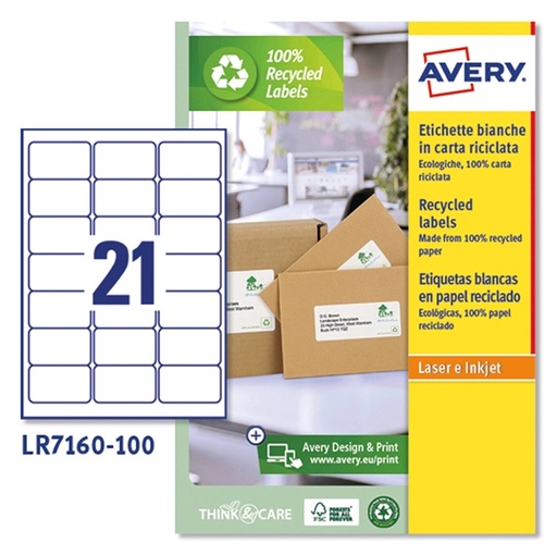 [D53132] Etichette in carta riciclata bianca 63,5x38,1mm Laser 100fg Avery