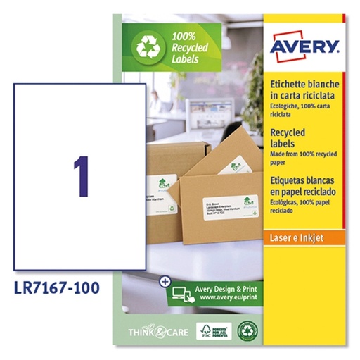 [D53136] Etichette in carta riciclata bianca - 199,6x289,1mm - Laser - 100 fg Avery