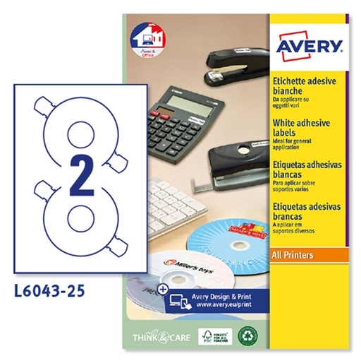 [D53138] Etichetta adesiva L6043 bianca CD/DVD 25fg A4 diam.117 forodiam.41mm (2et/fg) laser