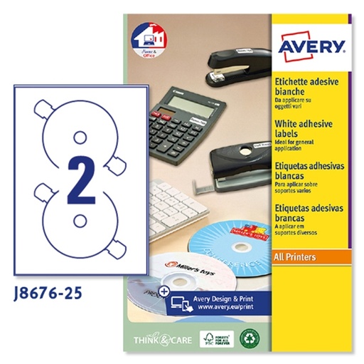 [D53139] Etichetta adesiva J8676 bianca opaca CD/DVD 25fg A4 diam.117mm (2et/fg) inkjet