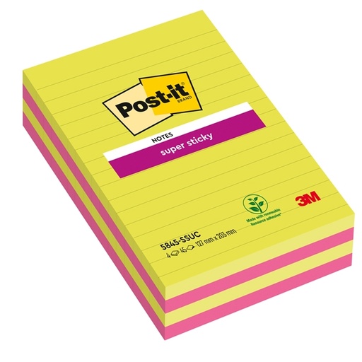 [D53556] BLOCCO 45foglietti Post-it(R) Super Sticky 127x203mm righe ULTRACOLOR 845-4SUCC