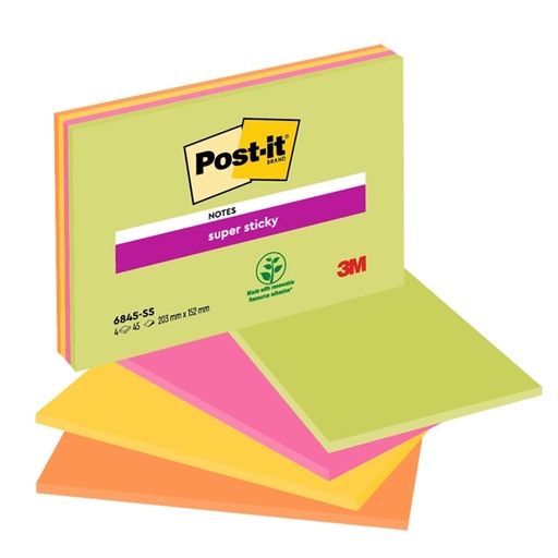 [D53558] BLOCCO 45foglietti Post-it(R) Super Sticky 203x152mm MEETING NOTE NEON 6845-SSP