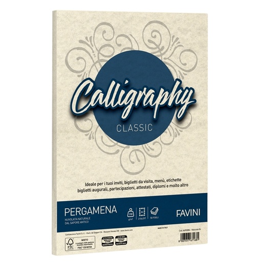 [D53625] Carta CALLIGRAPHY PERGAMENA 190gr A4 50fg naturale 06 FAVINI
