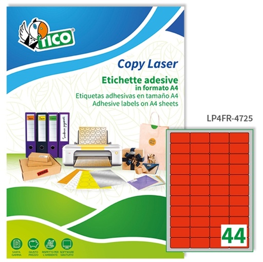 [D53657] Etichetta adesiva LP4F rosso fluo 70fg A4 47,5x25,5mm (44et/fg) Tico