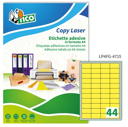 [D53659] Etichetta adesiva LP4F giallo fluo 70fg A4 47,5x25,5mm (44et/fg) Tico