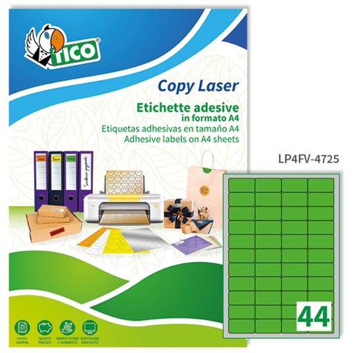 [D53660] Etichetta adesiva LP4F verde fluo 70fg A4 47,5x25,5mm (44et/fg) Tico