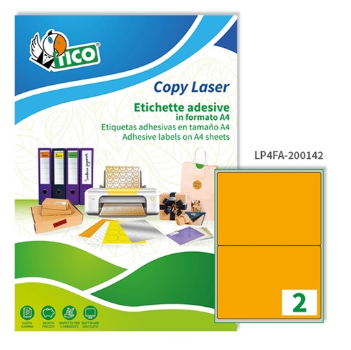 [D53662] Etichetta adesiva LP4F arancio fluo 70fg A4 200x142mm (2et/fg) Tico