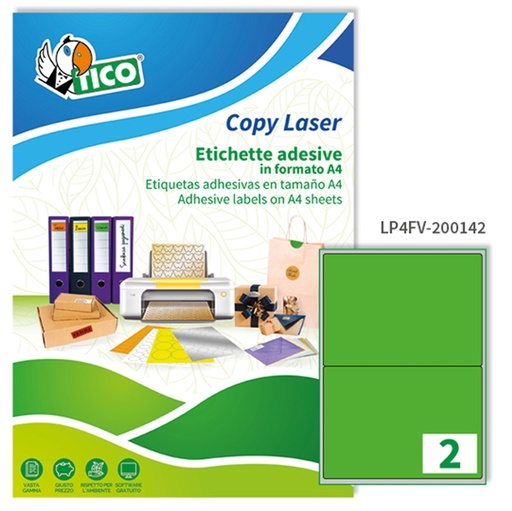 [D53664] Etichetta adesiva LP4F verde fluo 70fg A4 200x142mm (2et/fg) Tico