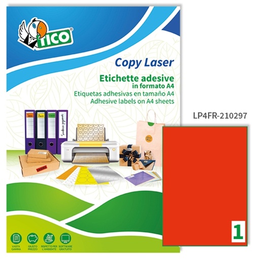 [D53668] Etichetta adesiva LP4F rosso fluo 70fg A4 210x297mm (1et/fg) Tico