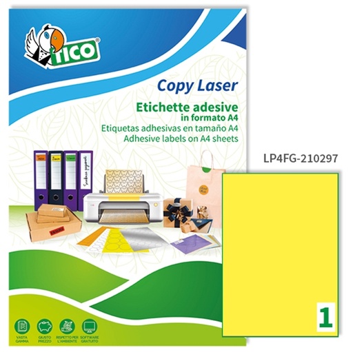 [D53670] Etichetta adesiva LP4F giallo fluo 70fg A4 210x297mm (1et/fg) Tico
